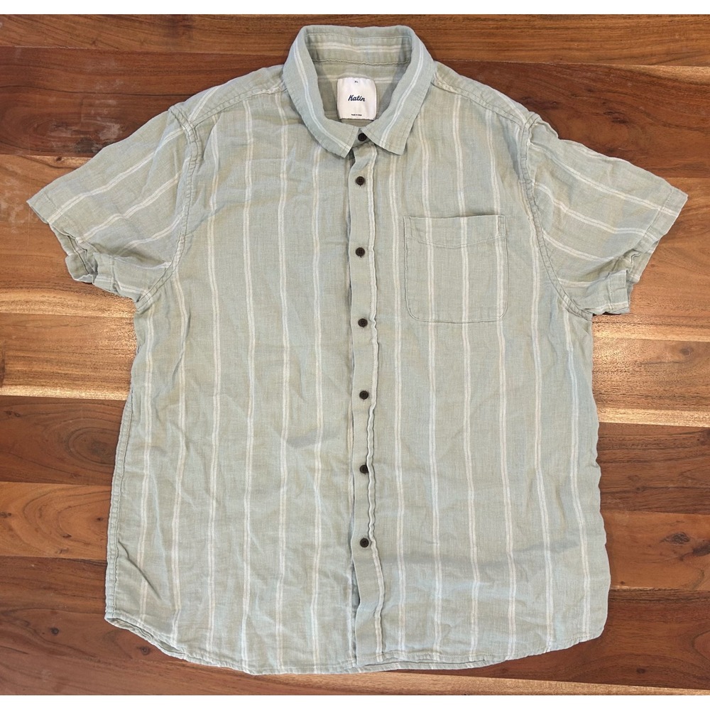 Katin Mens XL Sage Green Striped Short Sleeve Cotton Linen Button Down Shirt